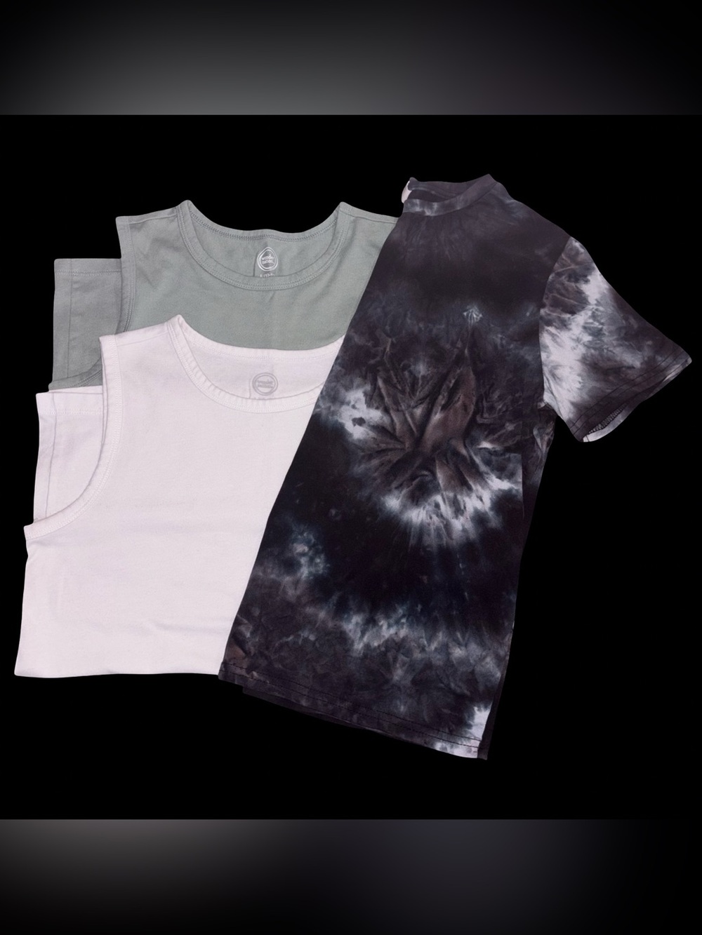 Lot of 3 Boys Shirts Size 10 Tank Tops White Sage Green & Tie Dye T-Shirt